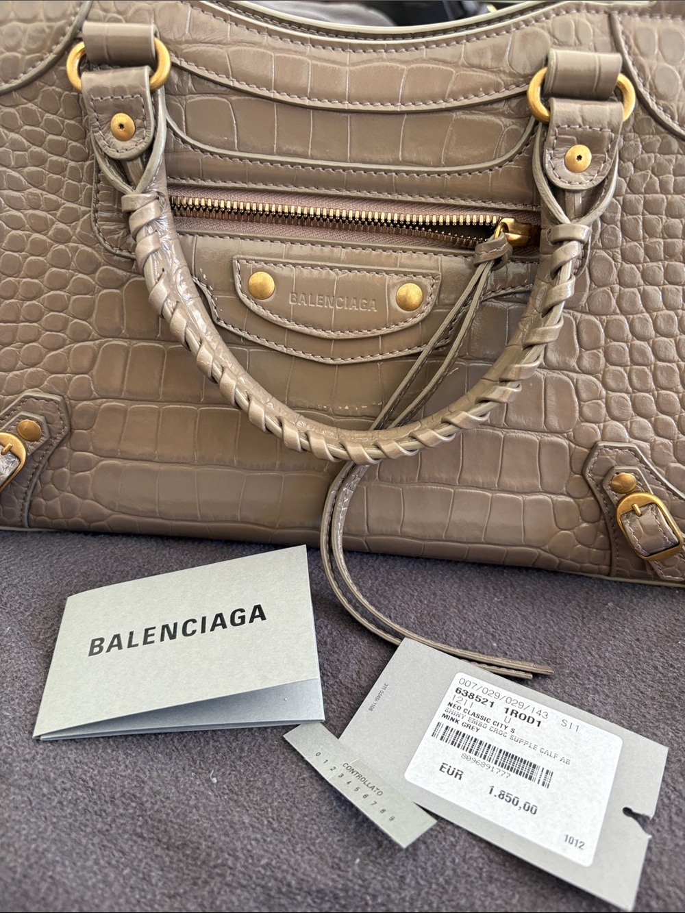 Balenciaga Taupe Croc-Embossed Satchel with Gold Hardware